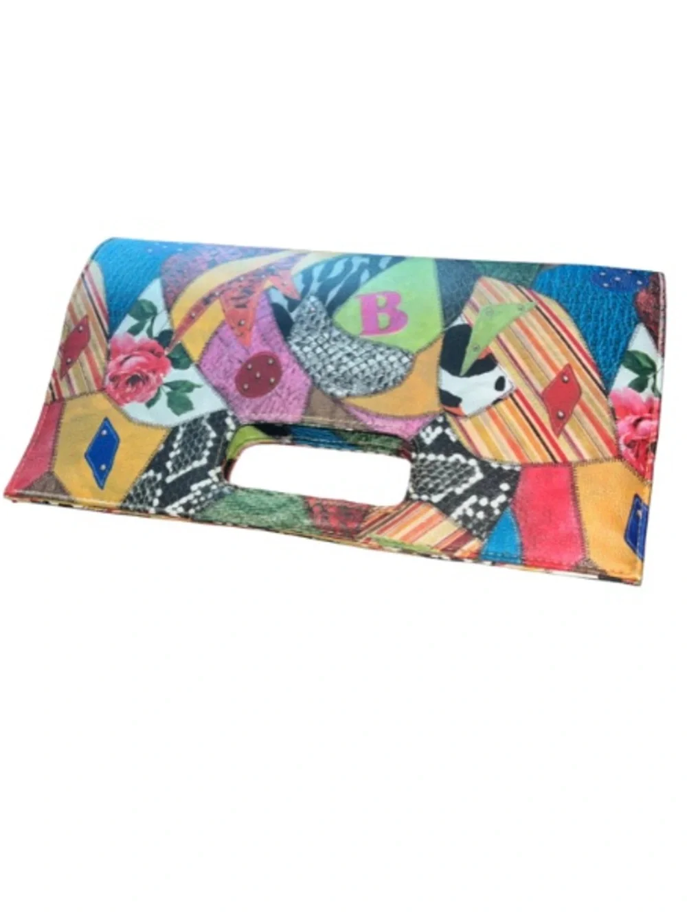 Vtg 80s 90s Multicolor Patchwork Envelope Clutch Purse Faux Snakeskin Boho NWOT